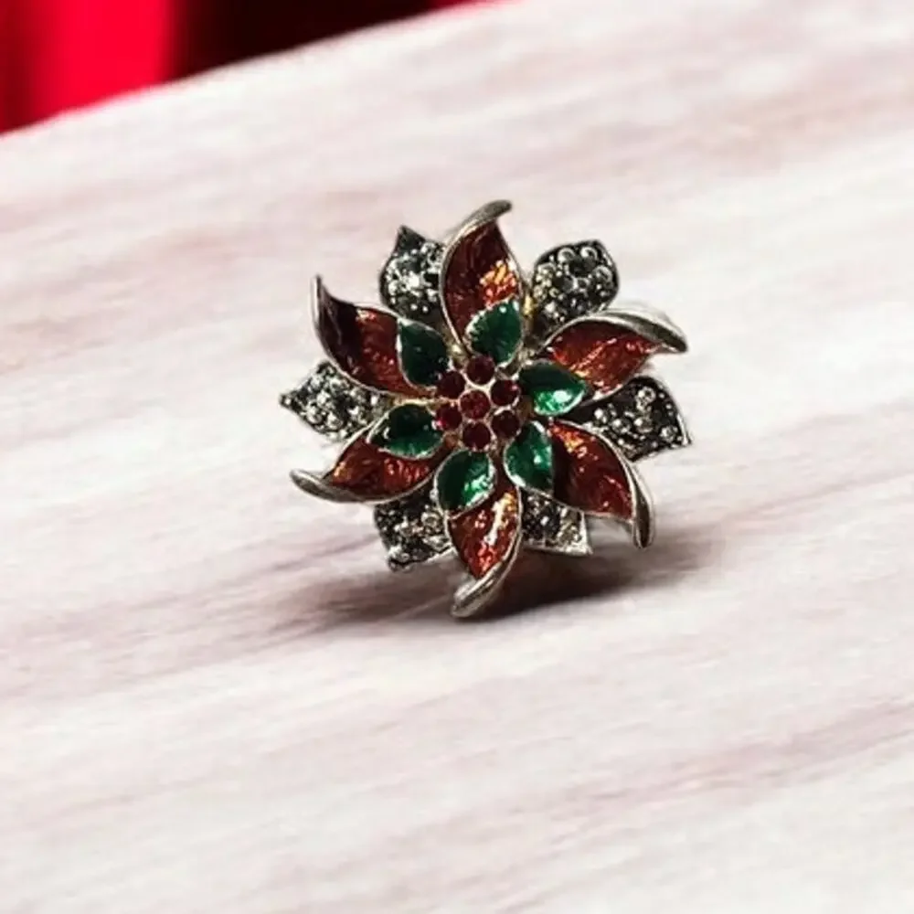 Red Green Enamel Rhinestone Flower Brooch Silver Tone 80s Holiday Pin